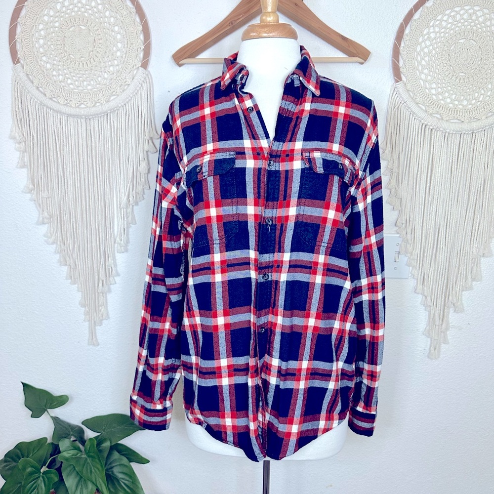 George men’s red white and blue patriotic plaid flannel shirt medium